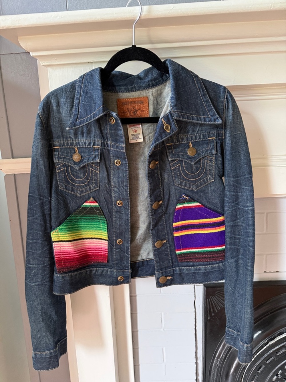True Religion Dark Blue Denim Jacket with Colorful Pocket Panels